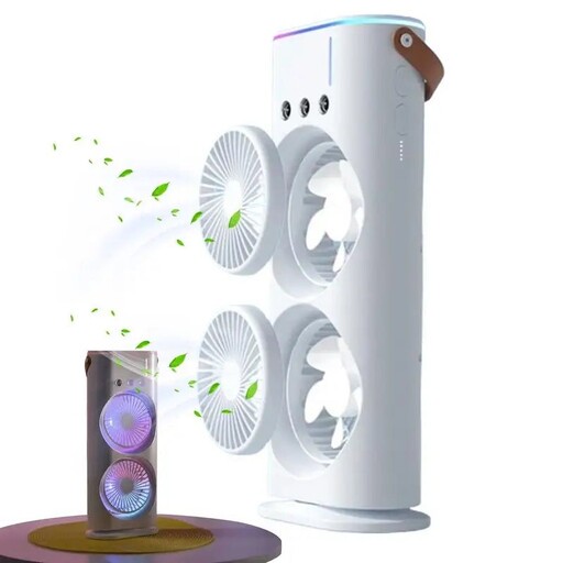 پنکه مه پاش دوقلو دارای دو فن با 3 سرعت پرتاب چرخشی ا Rechargeable fan with dual fans with 3 rotating throw speeds ضمانت