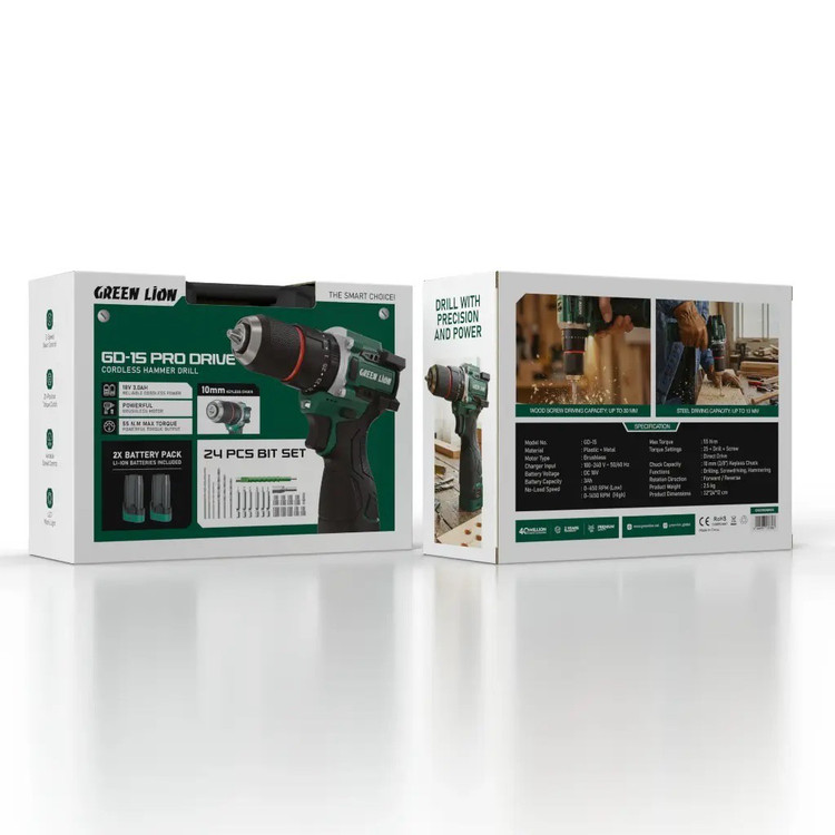 دریل چکشی شارژی گرین لاین GD 15 Pro Drive موتور براشلس 55 نیوتنمتر، دو باتری 18 ولت ست 24 پارچه