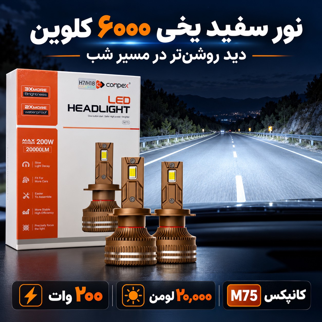 هدلایت کانپکس M75 توان 200 وات، 20000 لومن، 6000 کلوین