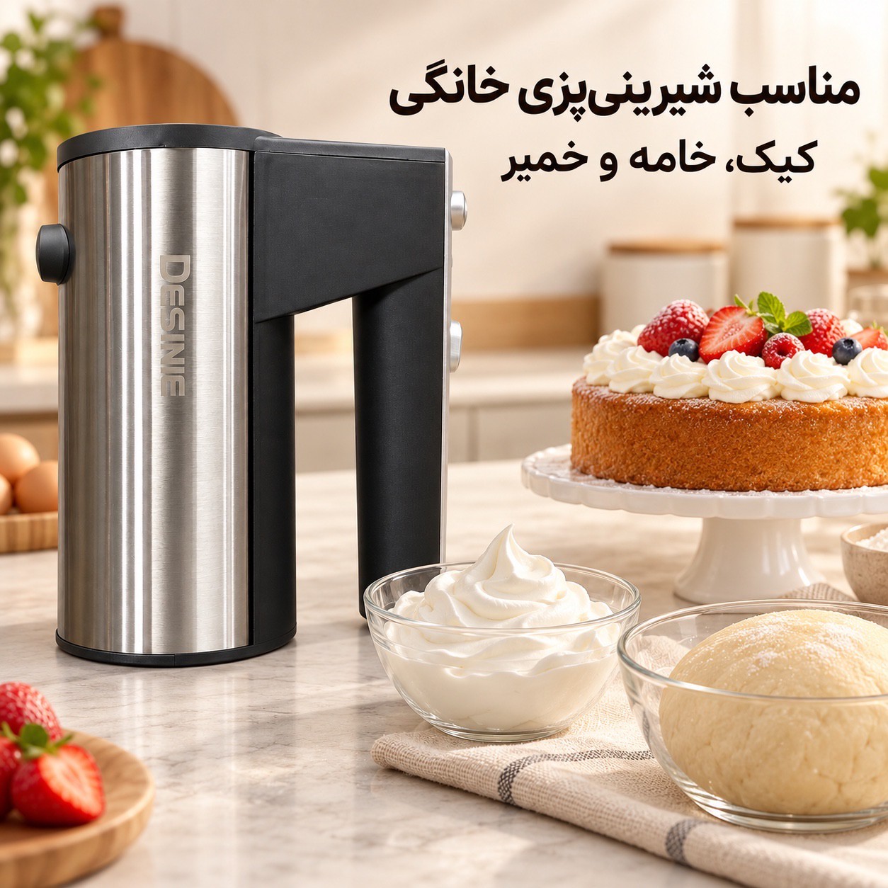 همزن دستی دسینی مدل DE60 موتور قوی 350 وات، 5 سرعته با سری همزن و خمیرزن