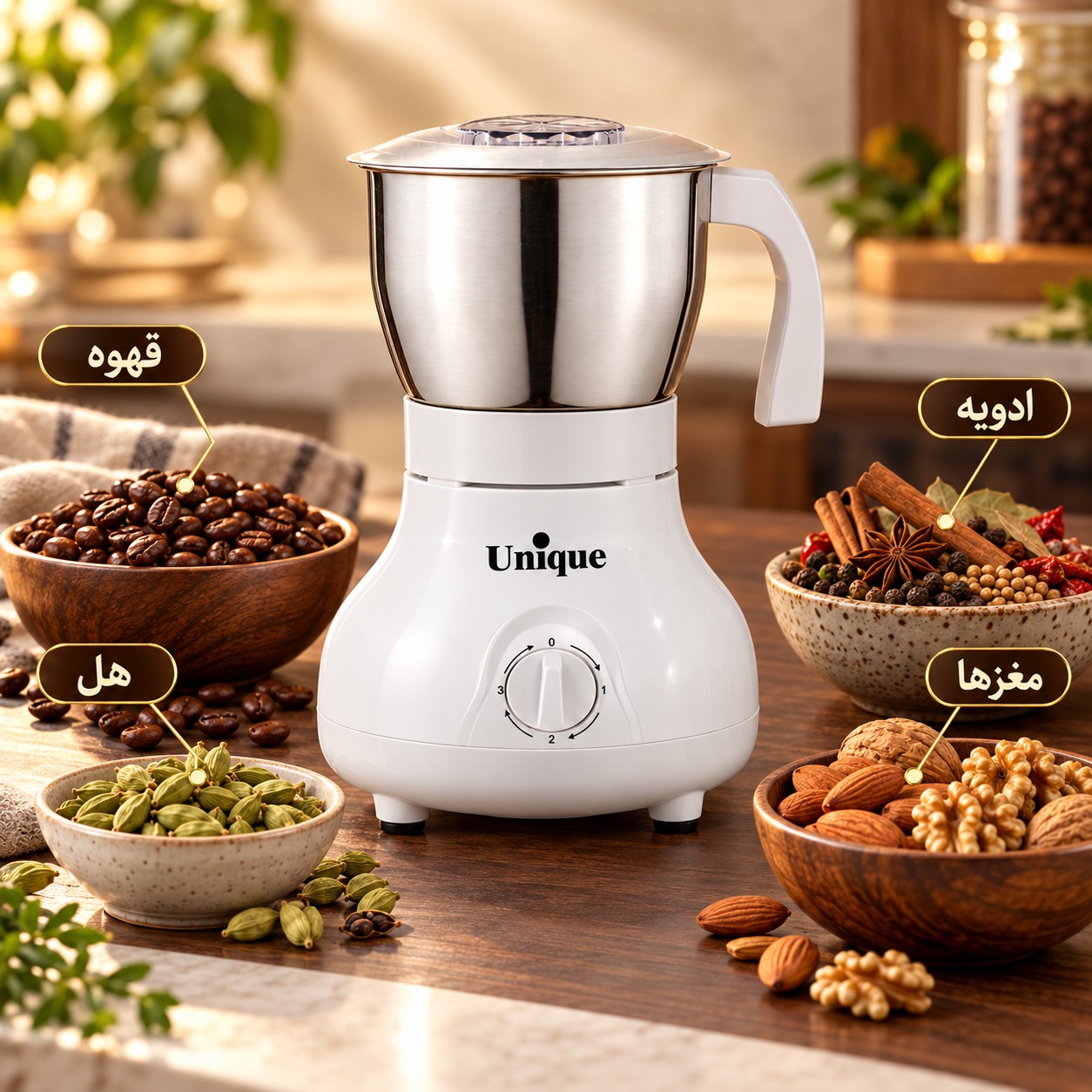 آسیاب قهوه و ادویه یونیک مدل NANA-8U پارچ استیل 600 میل