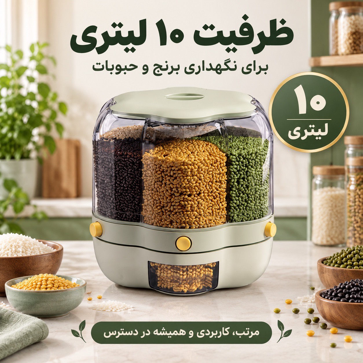 بانکه چرخشی جا حبوباتی و جا برنجی 10 لیتری چندمحفظه، برداشت آسان و بهداشتی