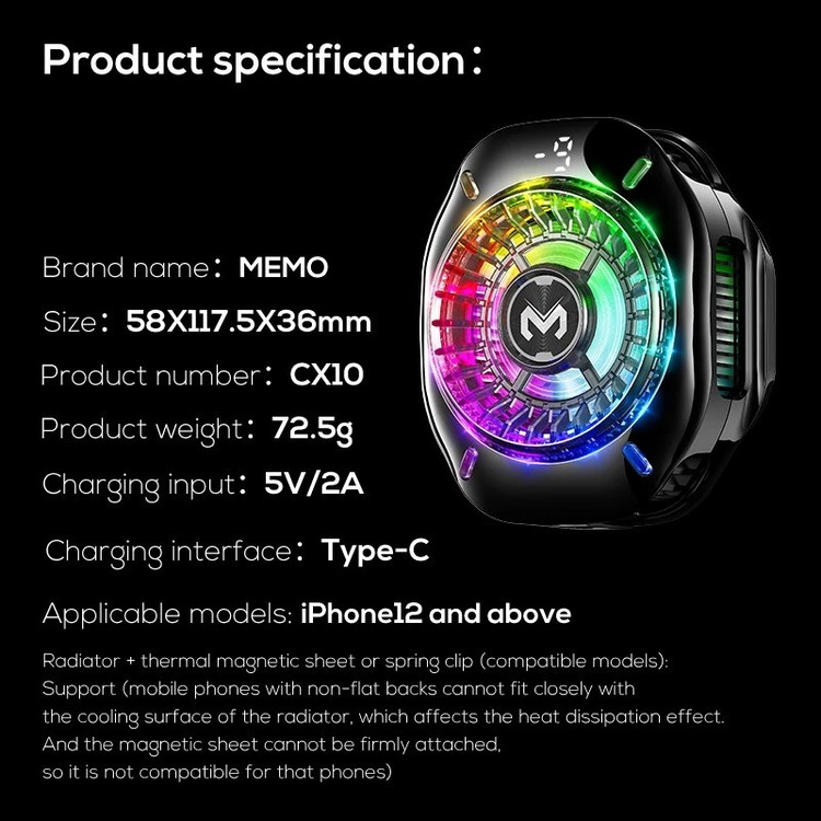 فن خنک کننده گیمینگ موبایل MEMO CX10 RGB Pro مگنتی با نمایشگر دیجیتال