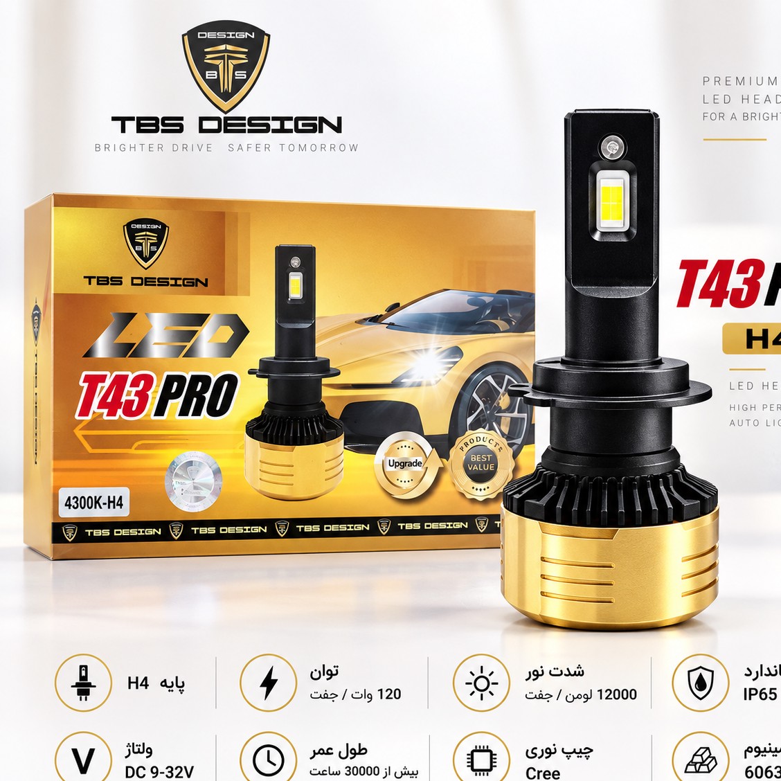 هدلایت توبیز 120وات دورنگT43 PRO پایه H4 نورپایین زرد 3800 کلوین، نور بالا سفید 6000 کلوین