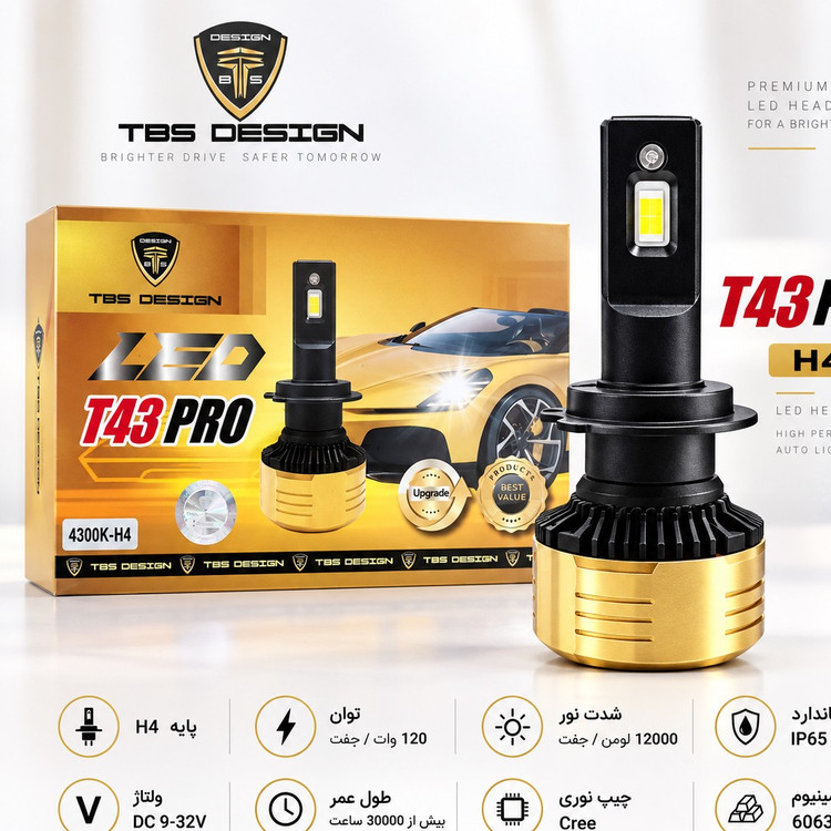 هدلایت توبیز 120وات دورنگT43 PRO پایه H4 نورپایین زرد 3800 کلوین، نور بالا سفید 6000 کلوین