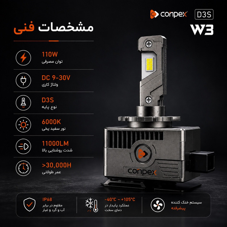 هدلایت کانپکس CONPEX W3 D3S نور سفید 6000K، توان 110W و 11000LM
