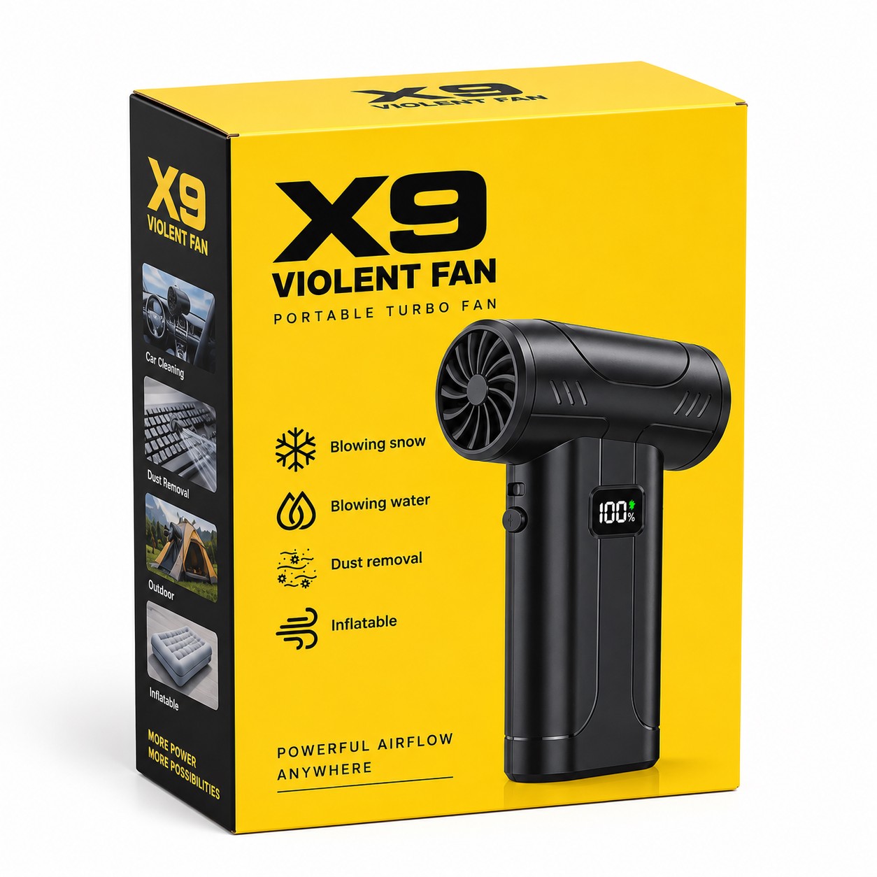 دمنده شارژی پرقدرت X9 Violent Fan جت فن قابل حمل با نمایشگر شارژ و چراغ LED، مناسب خودرو و نظافت