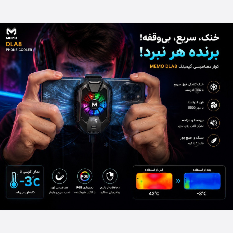 خنک کننده حرفه ای موبایل MEMO DLA8 ، فن 5500 دور نمایشگر دما نور RGB