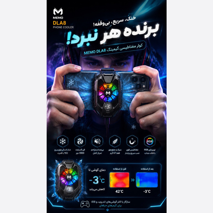 خنک کننده حرفه ای موبایل MEMO DLA8 ، فن 5500 دور نمایشگر دما نور RGB