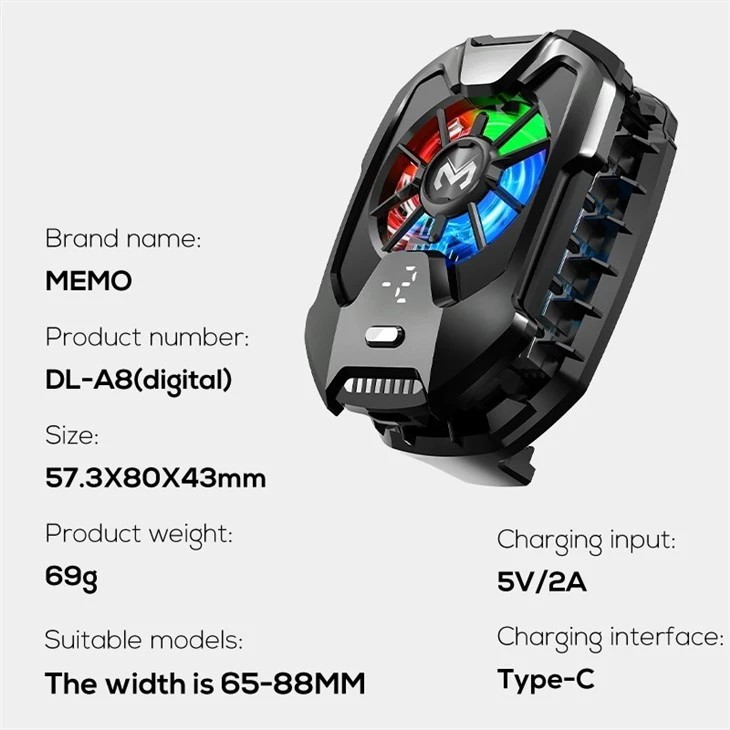 خنک کننده حرفه ای موبایل MEMO DLA8 ، فن 5500 دور نمایشگر دما نور RGB