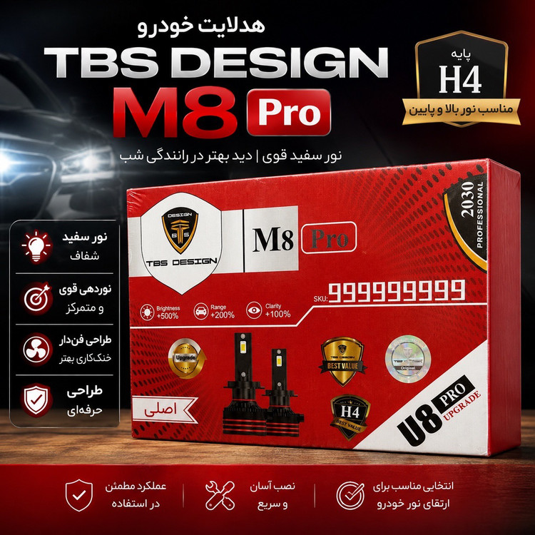 هدلایت خودرو TBS Design M8 Pro پایه H4 نور سفید قوی، فندار، مناسب نور بالا و پایین