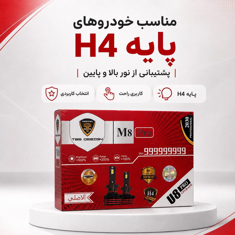 هدلایت خودرو TBS Design M8 Pro پایه H4 نور سفید قوی، فندار، مناسب نور بالا و پایین