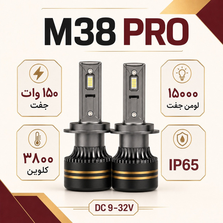 هدلایت TBS DESIGN M38 PRO پایه 9005 9006 مدل 2026 نور نچرال 3800K، توان 150 وات