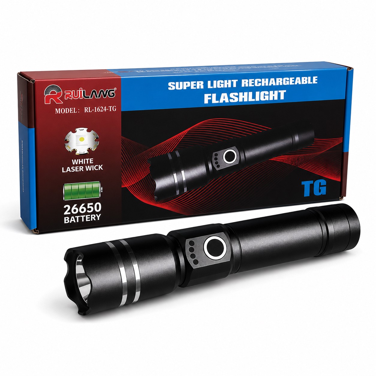 چراغ قوه شارژی پلیسی RuiLang مدل RL-1624-TG باتری 26650 برد نور قوی مناسب کمپینگ و کوهنوردی
