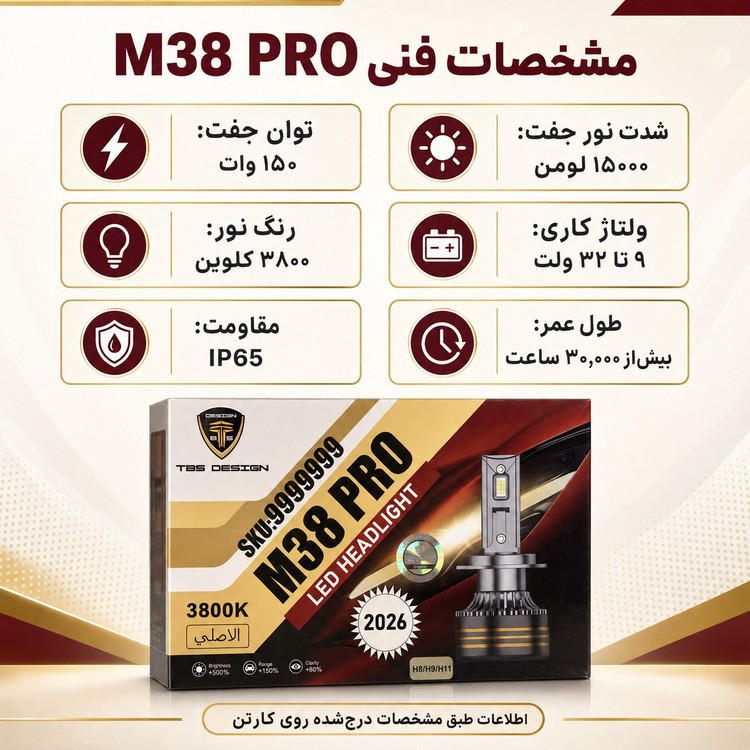 هدلایت TBS DESIGN M38 PRO مدل 2026 پایه H11 نور نچرال 3800 کلوین، توان 150 وات و 15000 لومن جفتی