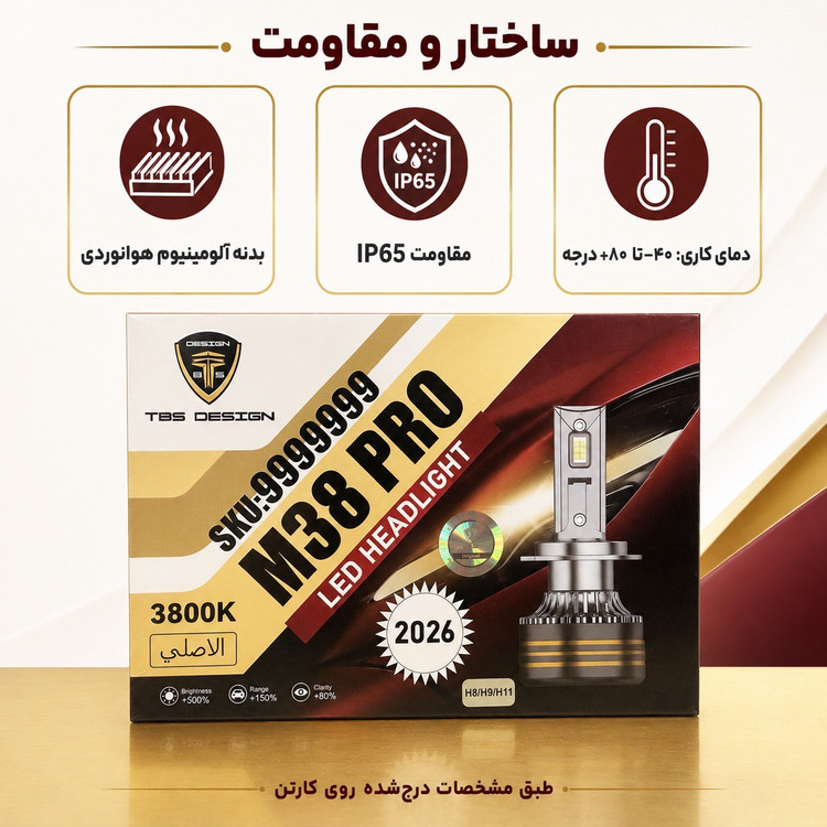 هدلایت TBS DESIGN M38 PRO مدل 2026 پایه H11 نور نچرال 3800 کلوین، توان 150 وات و 15000 لومن جفتی