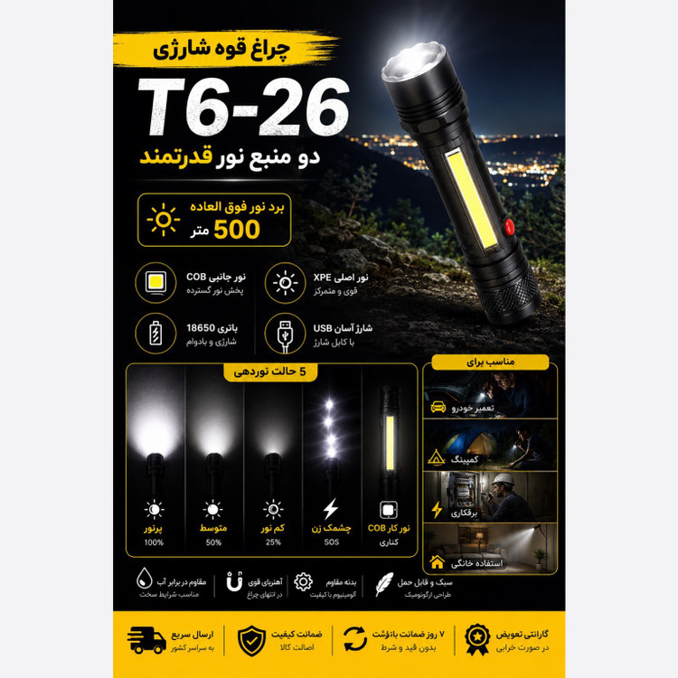 چراغ قوه شارژی T6-26 زومدار COB و XPE نور قدرتمند و شارژ USB