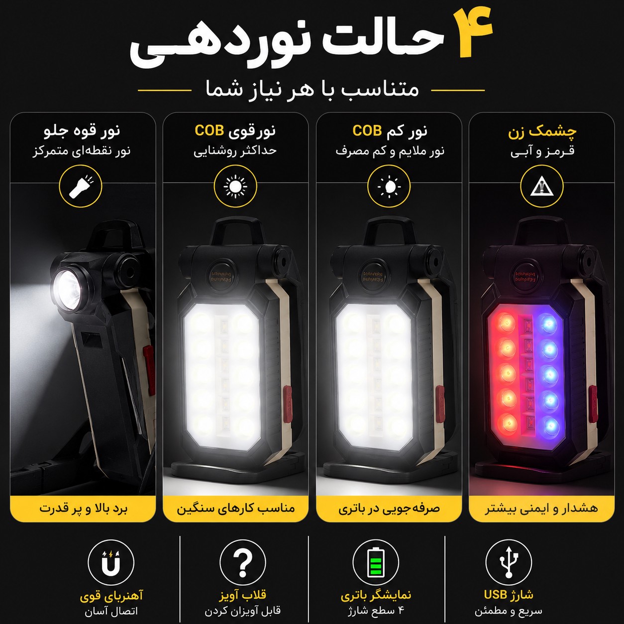 چراغ کار شارژی مگنتی نورافکن و چراغقوه دوکاره USB، پایه تاشو و قلاب آویز