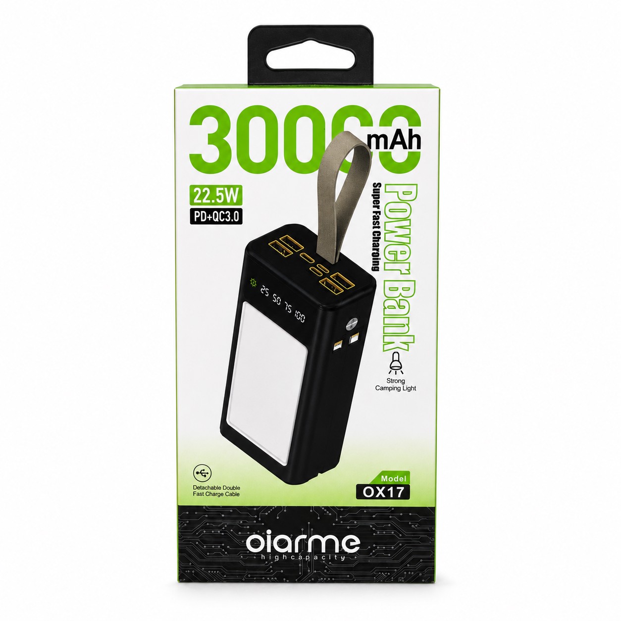 پاوربانک 30000 میلی آمپری Oiarme OX17 شارژ سریع 22.5 وات چراغ کمپینگ LED