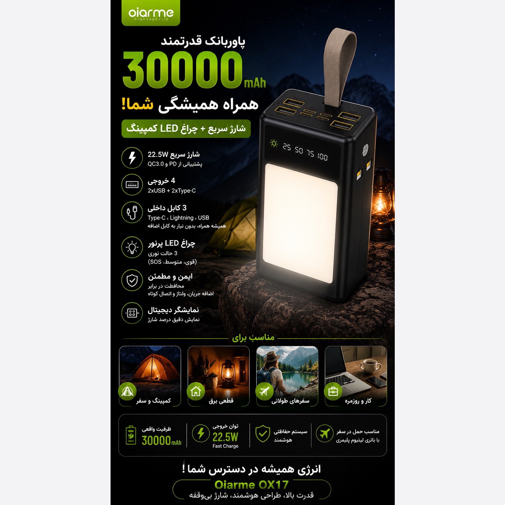 پاوربانک 30000 میلی آمپری Oiarme OX17 شارژ سریع 22.5 وات چراغ کمپینگ LED
