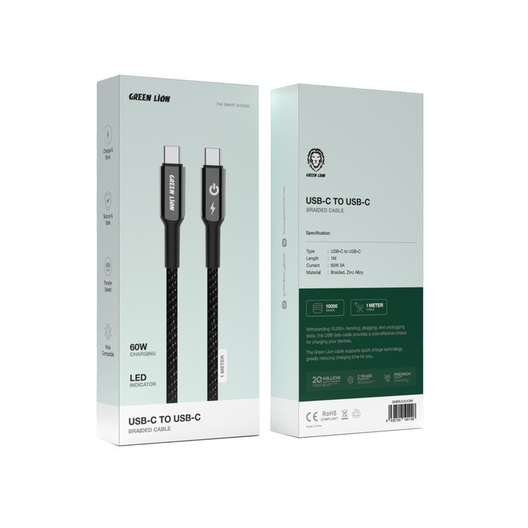 کابل شارژ Green Lion USB-C به USB-C فست شارژ 60 وات PD طول 1 متر روکش کنفی