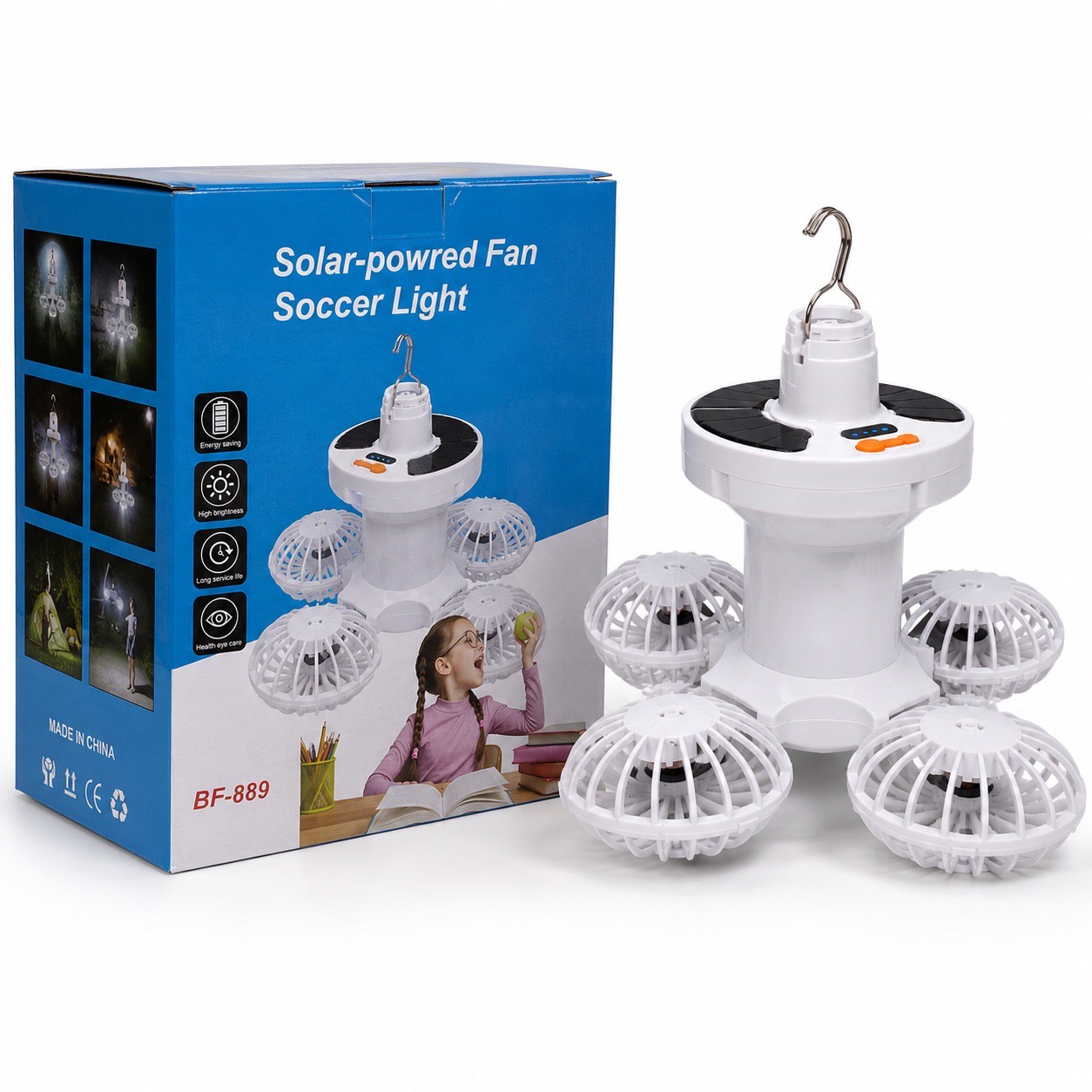 پنکه چراغ شارژی خورشیدی BF-889 پنکه و چراغ LED آویزدار، شارژ خورشیدی و USB، مناسب کمپینگ و قطعی برق