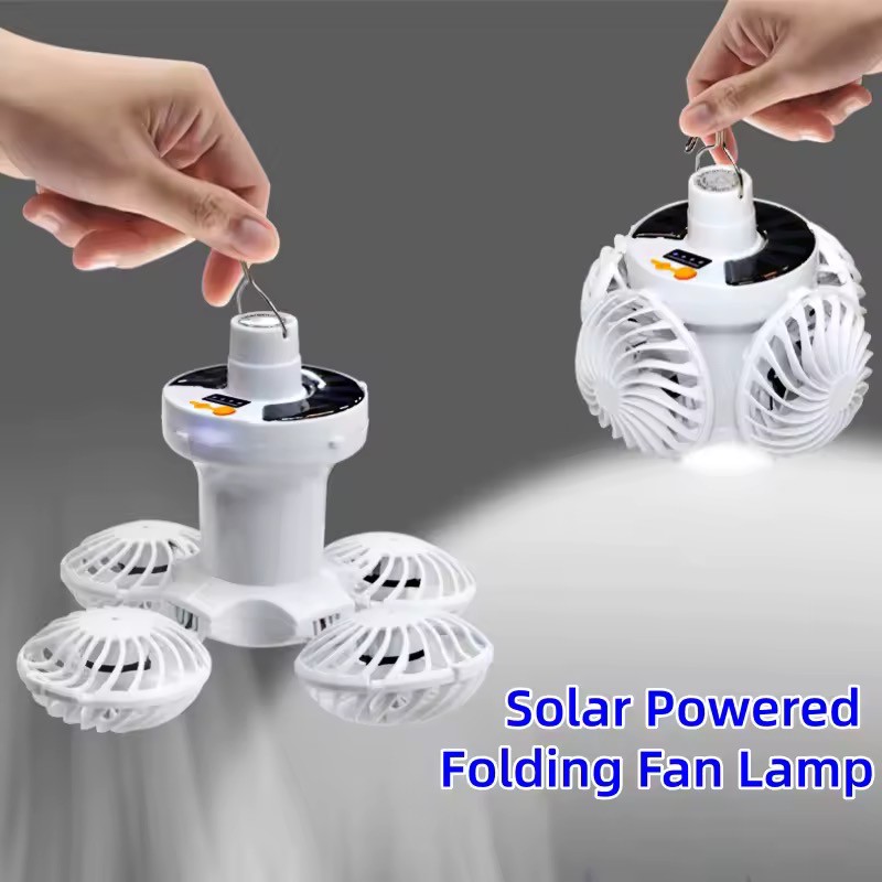 پنکه چراغ شارژی خورشیدی BF-889 پنکه و چراغ LED آویزدار، شارژ خورشیدی و USB، مناسب کمپینگ و قطعی برق