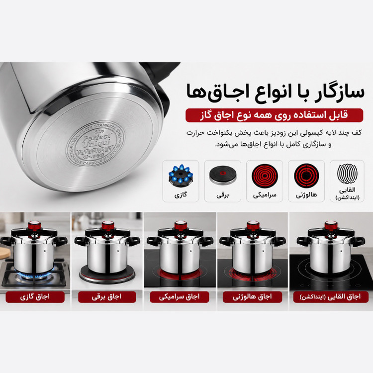 زودپز استیل یونیک 7 لیتری استیل 18 10 درب شیشه ای 5 پارچه