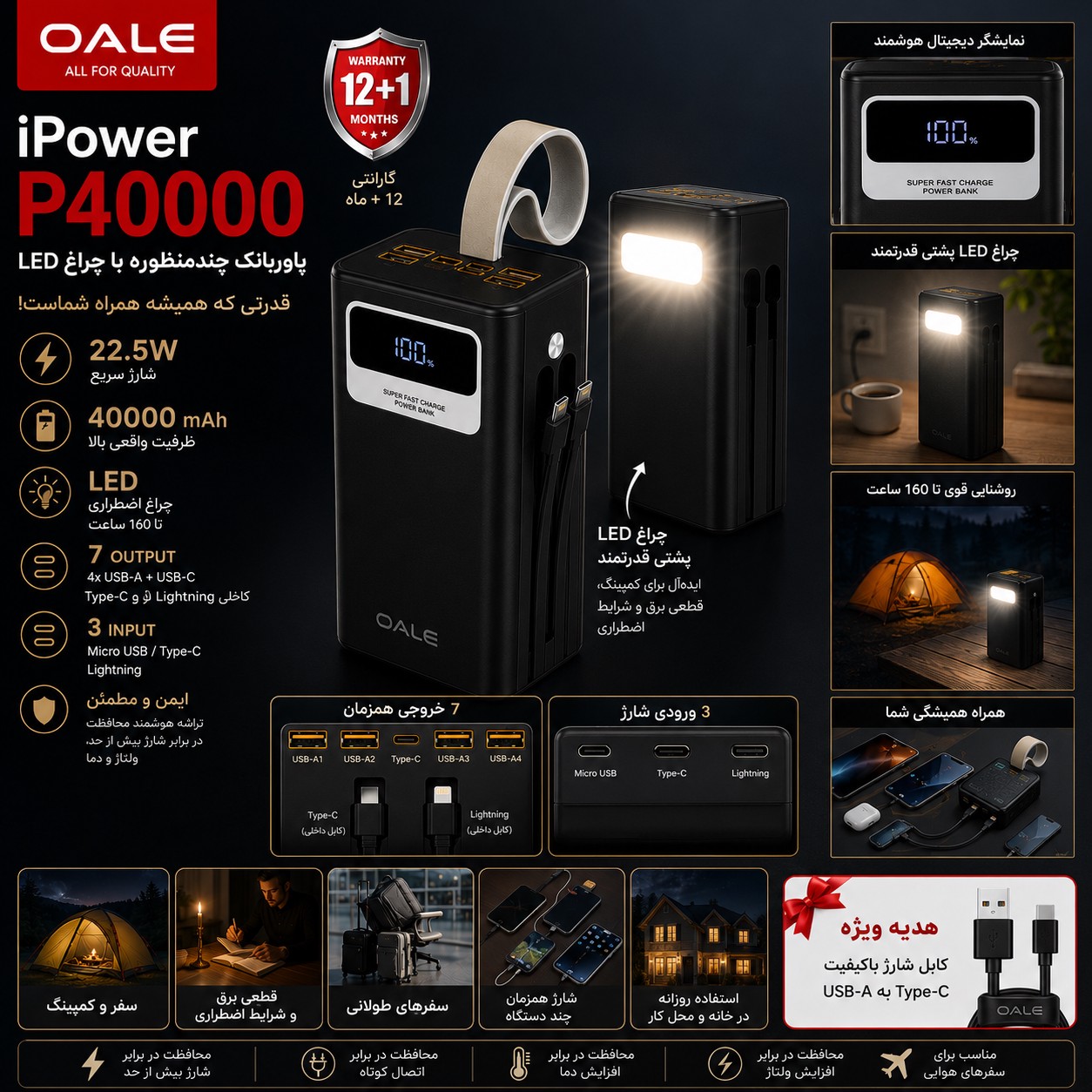 پاوربانک OALE P40000 غول شارژ 22.5 وات با چراغ LED و کابل داخلی