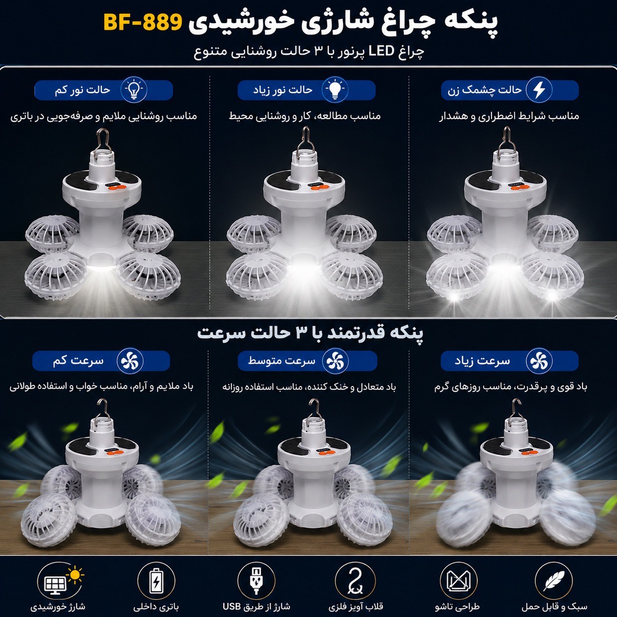 پنکه چراغ شارژی خورشیدی BF-889 LED آویزدار، شارژ USB، مناسب کمپینگ و قطعی برق