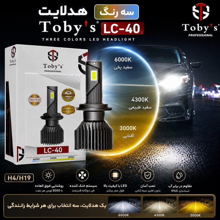 هدلایت سه رنگ Tobys LC-40 پایه H4 - سه رنگ نور واقعی برای هر شرایط رانندگی با یکسال گارانتی