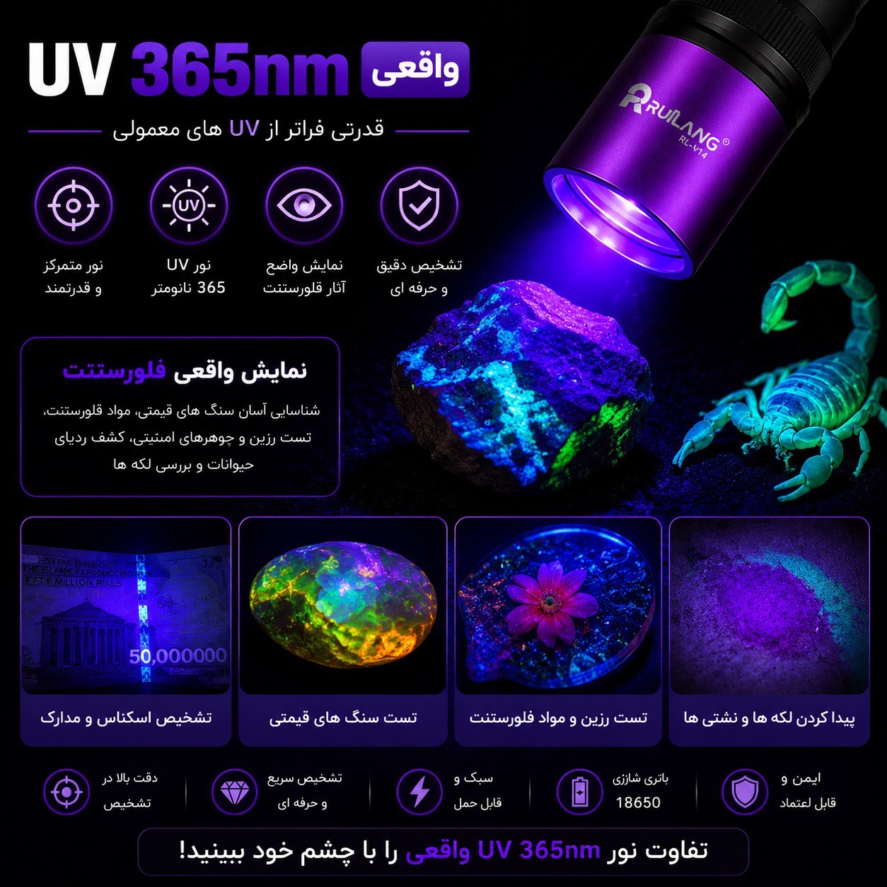 چراغ قوه حرفه ای UV 365nm تشخیص رنگ خودرو،نشتی،اسکناس،عقرب،مواد فلورسنت