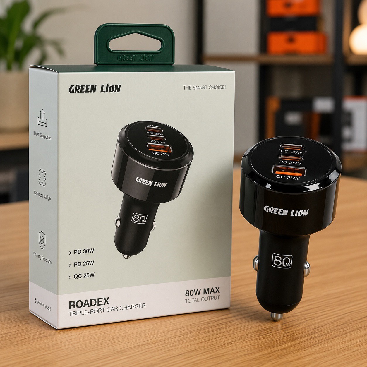 شارژر فندکی Green Lion Roadex 80W شارژ سریع 3 دستگاه بهصورت همزمان