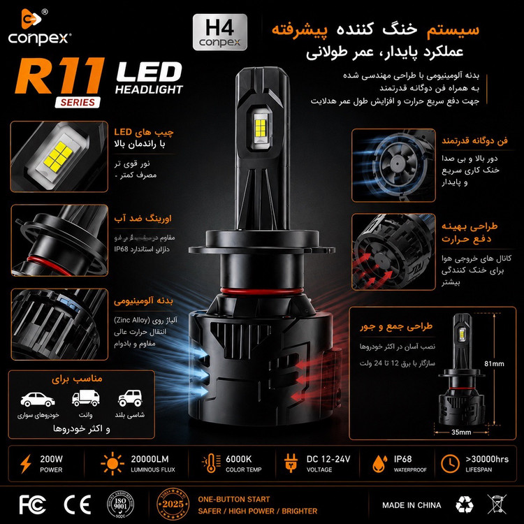 هدلایت Conpex R11 H4 نور سفید 6000K و 20000 لومن خط کات دقیق