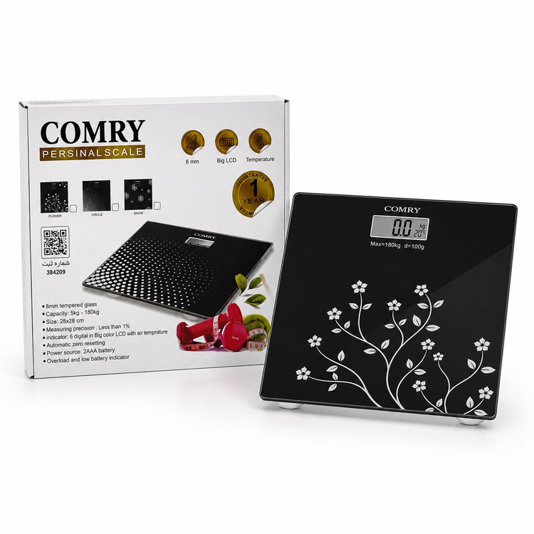 ترازو دیجیتال شیشه ای کمری (COMRY) - تحمل وزن 180 کیلو - نمایش دما - LCD بزرگ