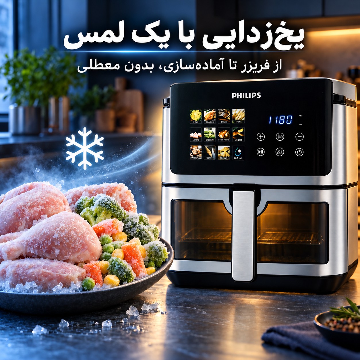 سرخکن بدون روغن فیلیپس PH-9285 بزرگ 17 لیتری ، 7000 وات، وایفای دار و المنت دوگانه و قابلیت یخزدایی