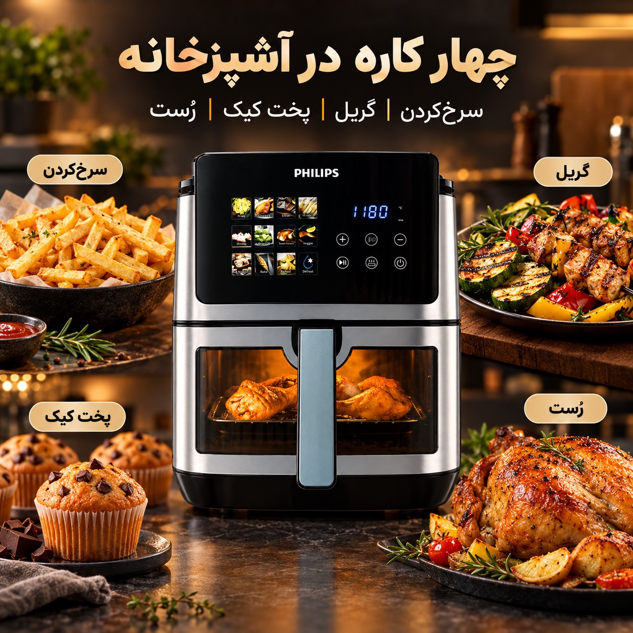 سرخکن بدون روغن فیلیپس PH-9285 بزرگ 17 لیتری ، 7000 وات، وایفای دار و المنت دوگانه و قابلیت یخزدایی