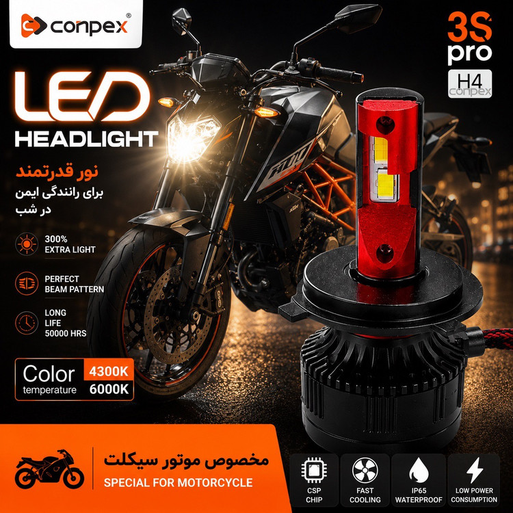 هدلایت موتور سیکلت دو رنگ 3S PRO پایه H4 با گارانتی ( تک عددی )