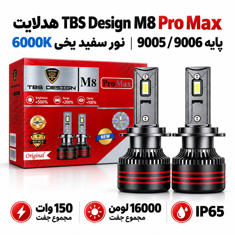 هدلایت توبیز TBS Design M8 Pro Max پایه 9005 9006 نور سفید یخی 6000K