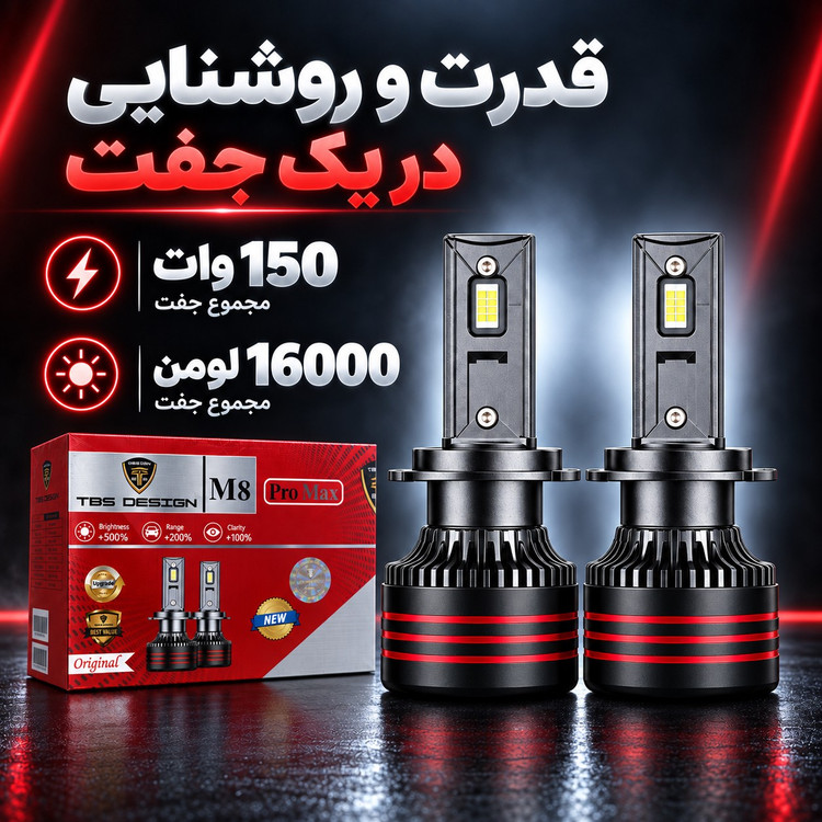 هدلایت توبیز TBS Design M8 Pro Max پایه 9005 9006 نور سفید یخی 6000K