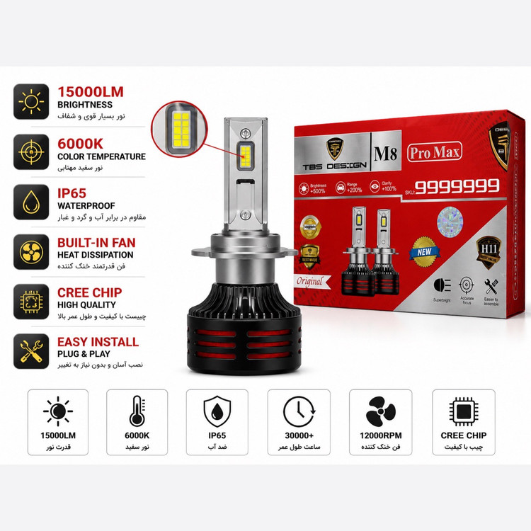 هدلایت توبیز M8 PRO پایه H11 با گارانتی