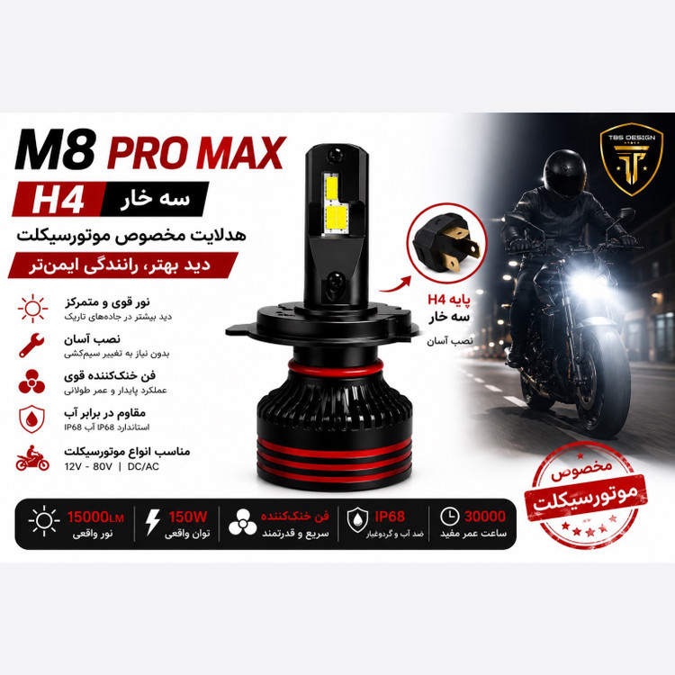 هدلایت تکی موتور سیکلت M8 Pro توبیز پایه H4 با گارانتی