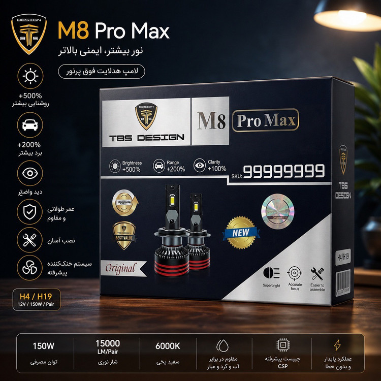 هدلایت موتور سیکلت M8 Pro نور سفید پایه H4 سه خار