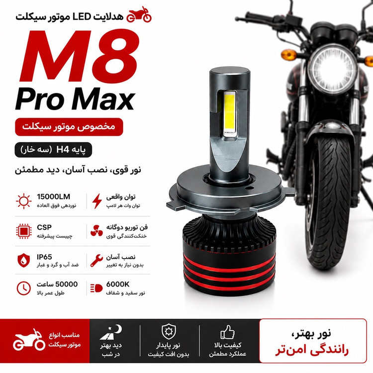 هدلایت موتور سیکلت M8 Pro نور سفید پایه H4 سه خار