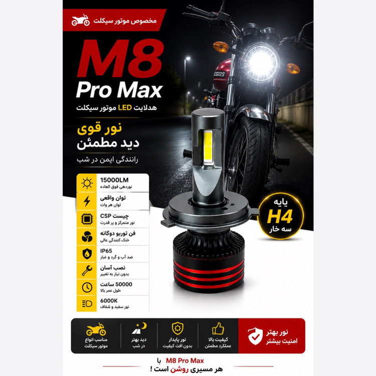 هدلایت موتور سیکلت M8 Pro نور سفید پایه H4 سه خار