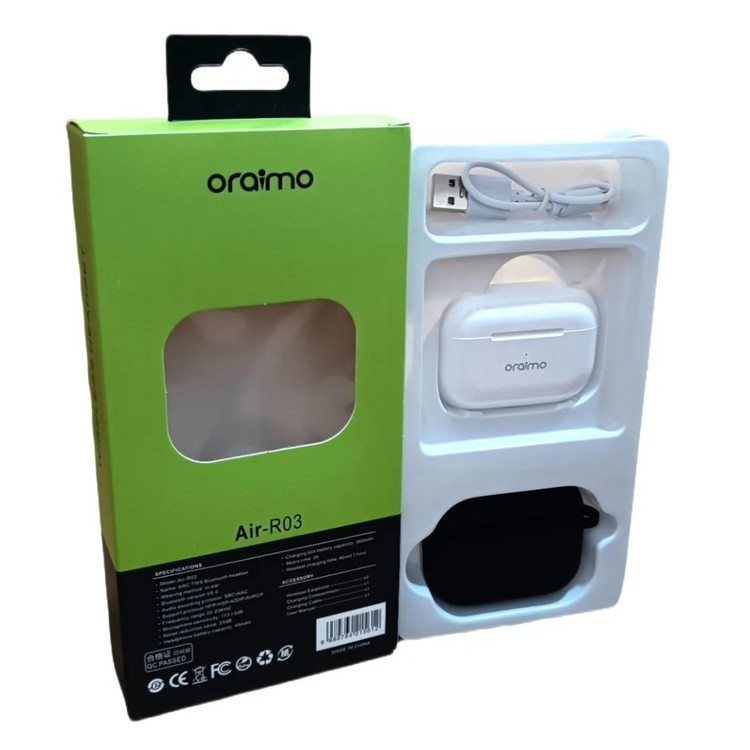 ایرپاد هندزفری بلوتوثی Air-R03 oraimo باکیفیت دوگوش همراه با گارد و کابل باتری بزرگ گیمینگ لمسی بلوتوث ورژن 5 3