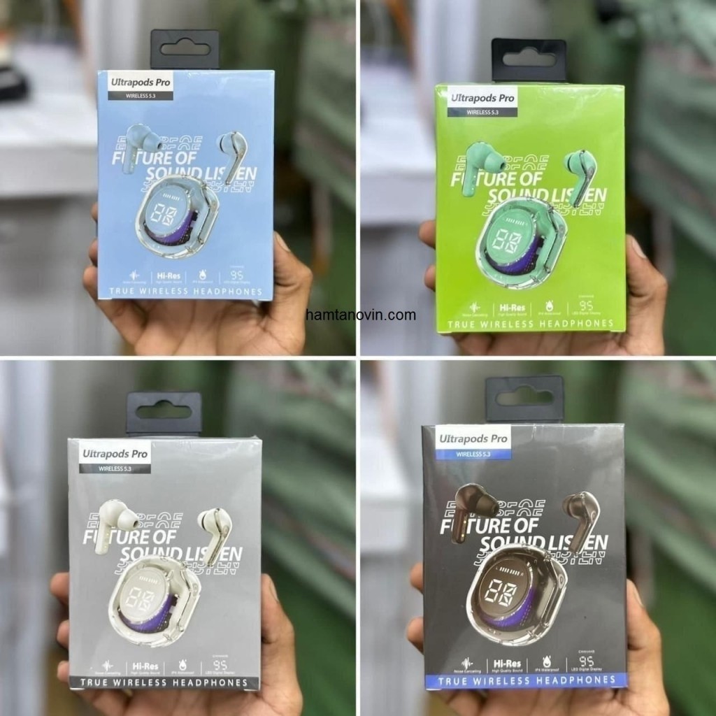 ایرپاد شیشه ای UILTRA PODS PRO نویز کنسلینگ دار ضد اب گیمینگ لمسی نمایشگر شارژ بلوتوث 5 3 ورژن 2026