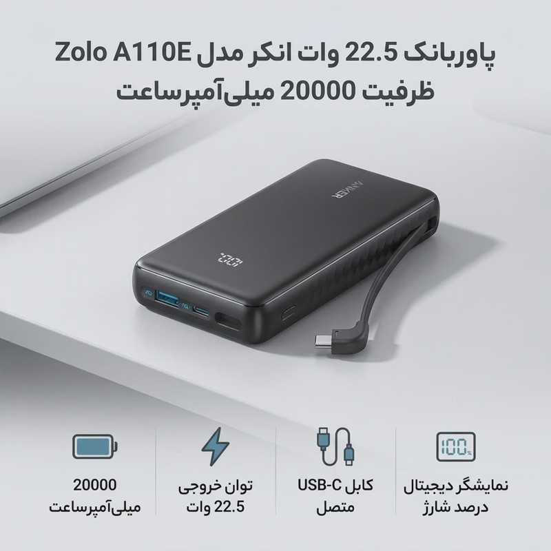 پاوربانک 22.5 وات انکر مدل Zolo A110E ظرفیت 20000 میلیآمپرساعت